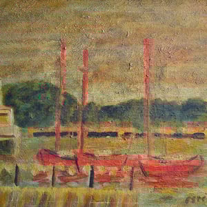 Image of French Seascape, 'Red Sailboats,' G. Estibe