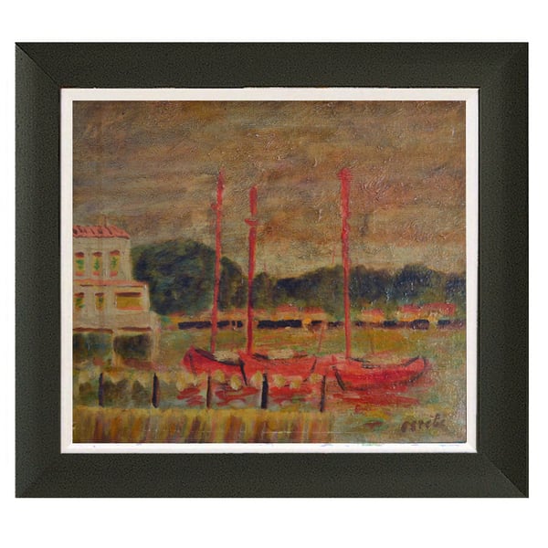 Image of French Seascape, 'Red Sailboats,' G. Estibe