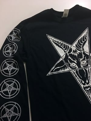 Image of Baphomet Goat Head - Long Sleeve T-shirt with Pentagram Sleeve Print