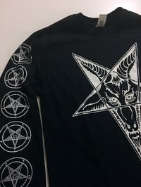 Image 2 of Baphomet Goat Head - Long Sleeve T-shirt with Pentagram Sleeve Print