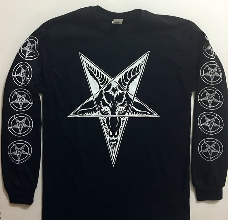 Image of Baphomet Goat Head - Long Sleeve T-shirt with Pentagram Sleeve Print