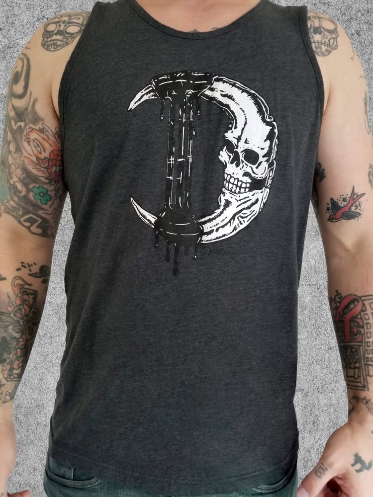 Image of Gothic Crescent Moon Skull Logo Grey Tank Top Men's Women's Fashion | Goth/Rock/Metal T-Shirts 2019