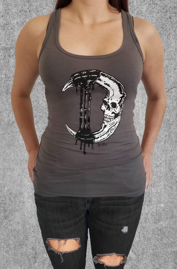 Image of Gothic Crescent Moon Skull Logo Grey Tank Top Women's Fashion | Goth/Rock/Metal T-Shirts