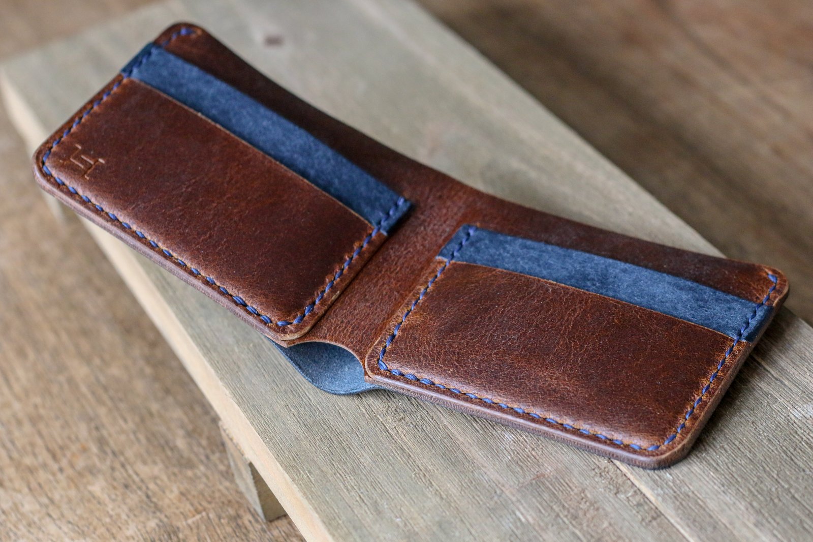 Hides and Stitches — Traditional Bifold in Navy Pueblo and Waxed