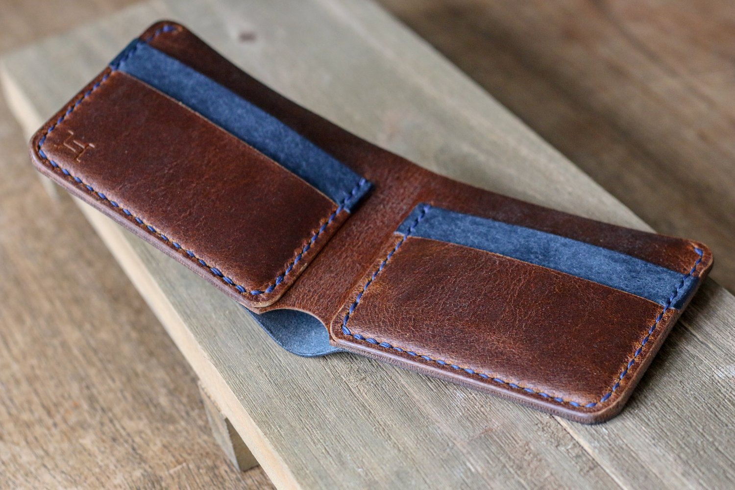 Image of Traditional Bifold in Navy Pueblo and Waxed Flesh Chromexcel