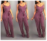 Image 1 of Black or Burgundy Striped Wide-leg Spaghetti Strap Jumpsuit 