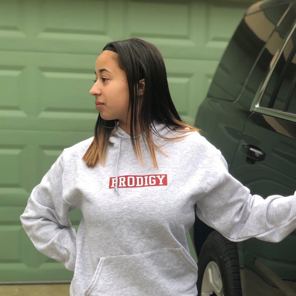 NEW BRAND PRODIGY HEATHER GREY RED AND WHITE SQUARE HOODIE