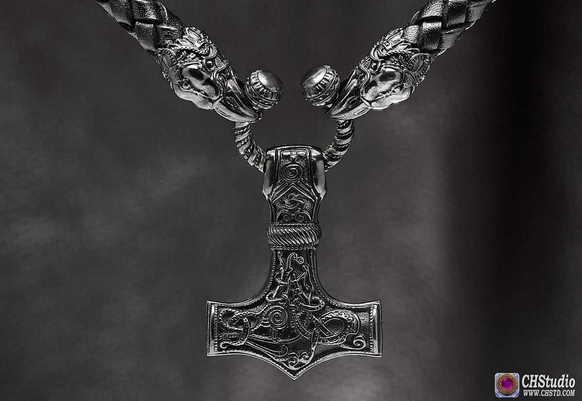 Thor's Hammer : MJOLNIR DARK - Huginn & Muninn Leather Necklace
