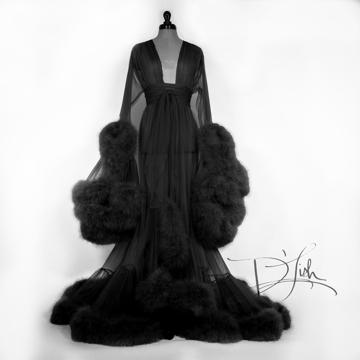 Long Sheer Marabou Robe - Black - – BB Store