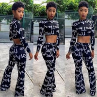 Letter Print White Chalk Long Sleeve Wide Length Pants Two Piece Set