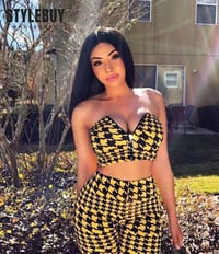 New Limited Yellow Black Plaid Tube Top + Pant Two Piece Set