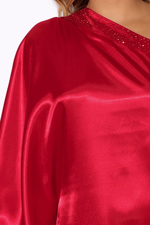 Image of RED SATIN FORMAL KIMONO SLEEVE DRESS