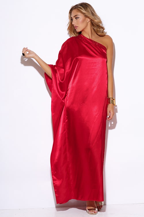 Image of RED SATIN FORMAL KIMONO SLEEVE DRESS