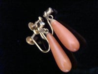 Image 1 of Edwardian 9ct yellow gold natural coral and rose cut diamond drop earrings
