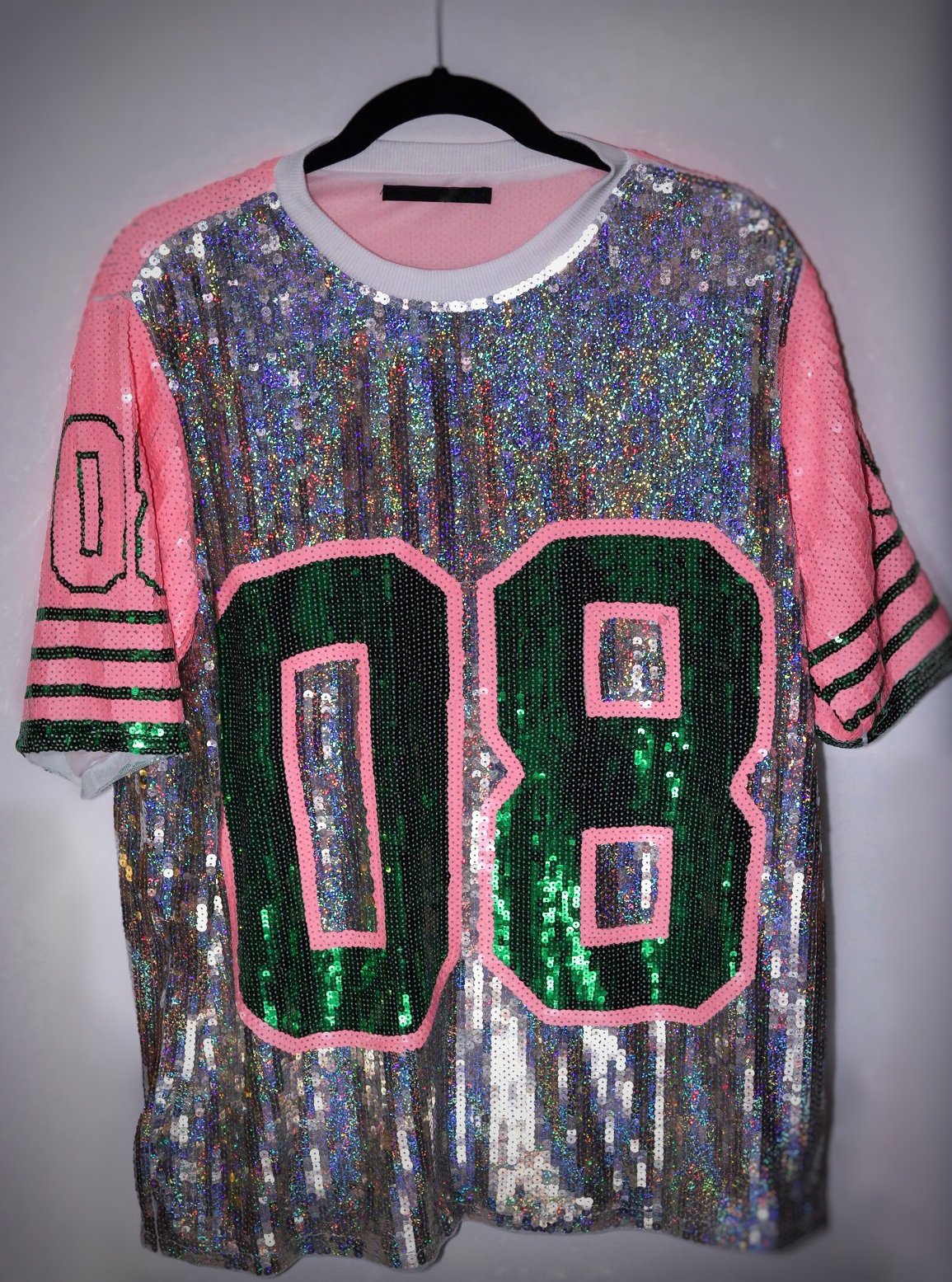 08 pink and green sequin dress
