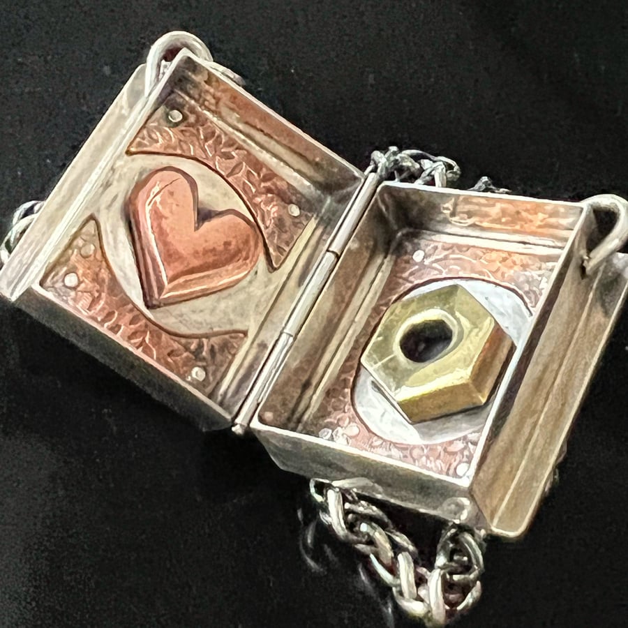 Image of Sterling Silver Locket with Copper Heart & Brass Hex Nut with Chunky Wheat Chain