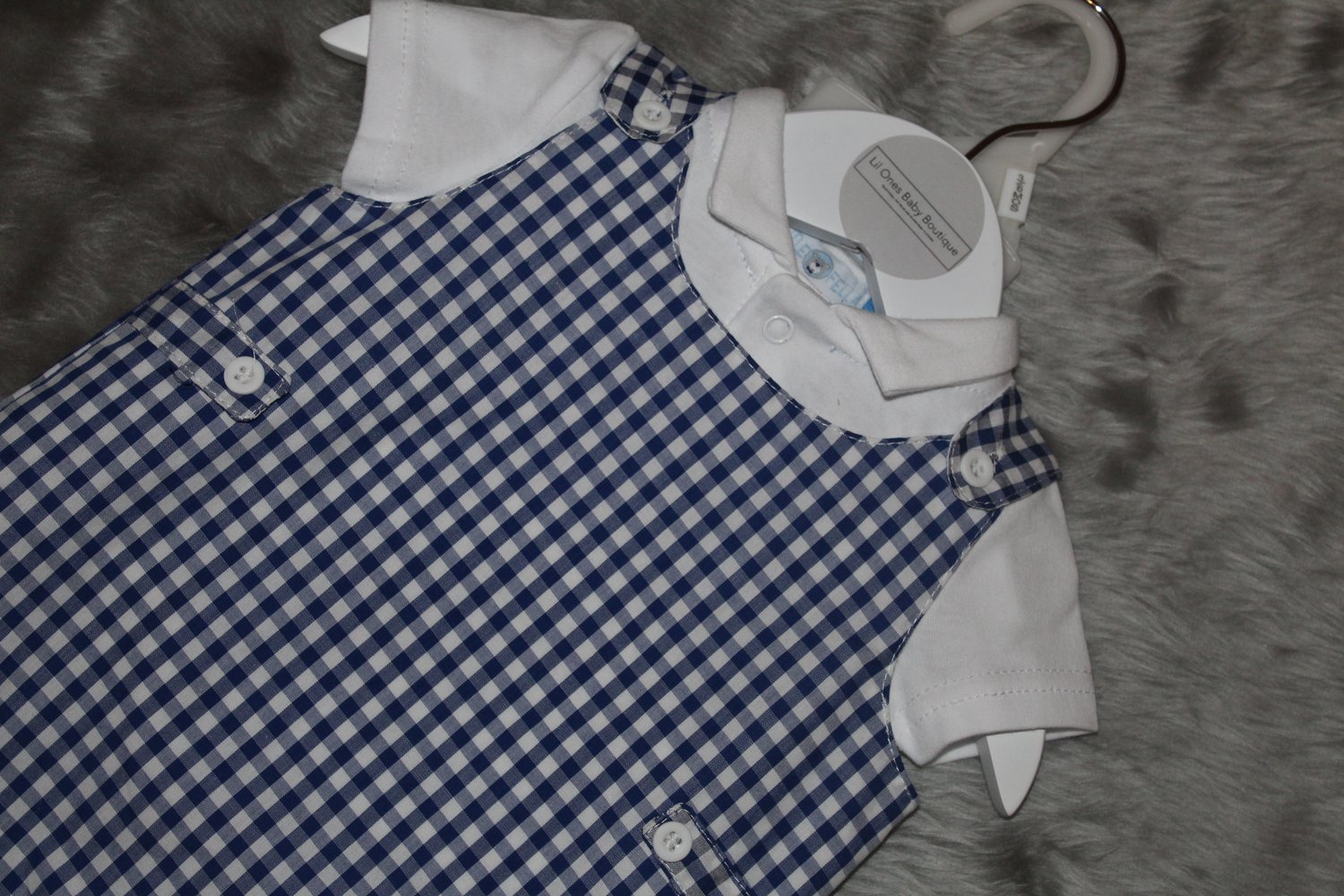 Image of Blue Checked Dungarees and Polo Shirt set 