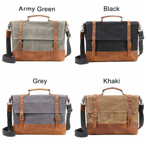 Image of Waterproof Waxed Canvas Messenger Bag, Men's Shoulder Bag, Canvas Bag with Leather Trim FX2008-1