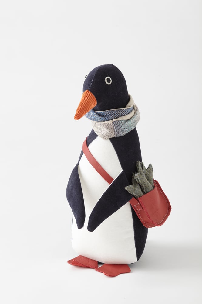 Image of Handmade Velvet Toy Penguin And His Satchel Of Fish
