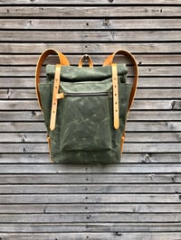 Image 2 of Waxed canvas backpack with roll to close top and vegetable tanned leather shoulderstrap 