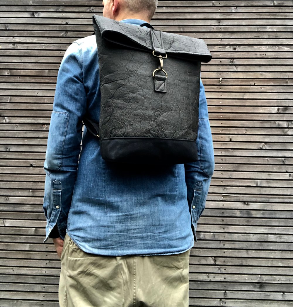 Image of Vegan backpack in Piñatex™ and waxed canvas medium size with folded top