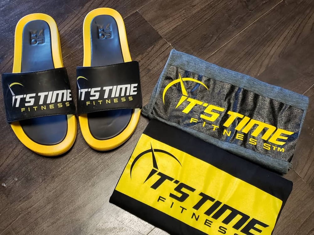 Image of Black and Yellow It's Time Fitness Logo T Shirt
