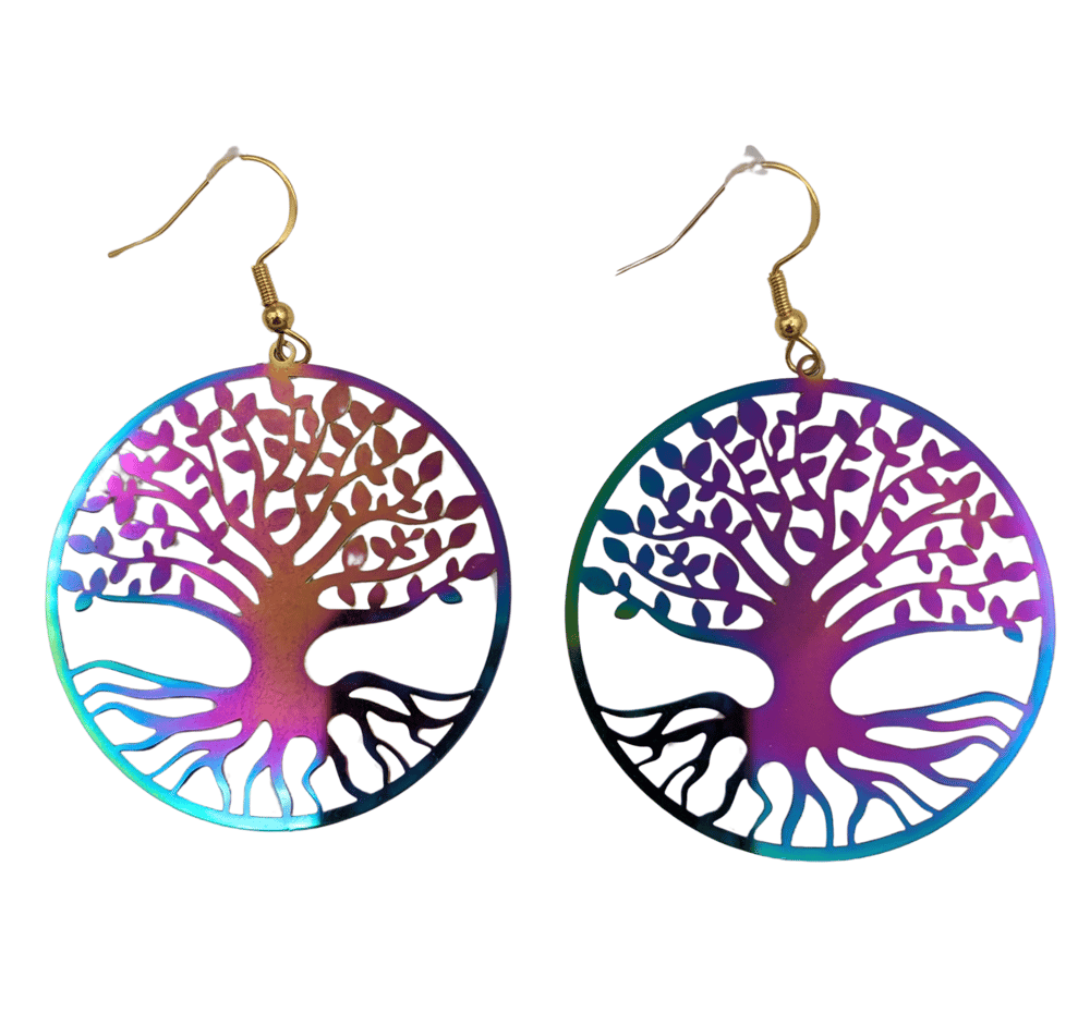 Image of Tree of Life Reflective Rainbow Stainless Steel Earrings