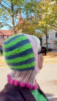 Image 3 of Soriano: Sofie and Iris Striped Navy, Neon Green, Light Brown, Light and Dark Pink Mohair Balaclava