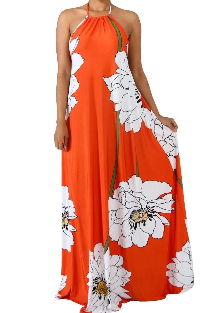 Image of Orange Floral Print Dress W/ Scarf 