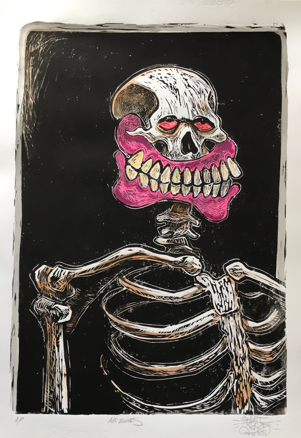 MR BONES Embelished Linocut