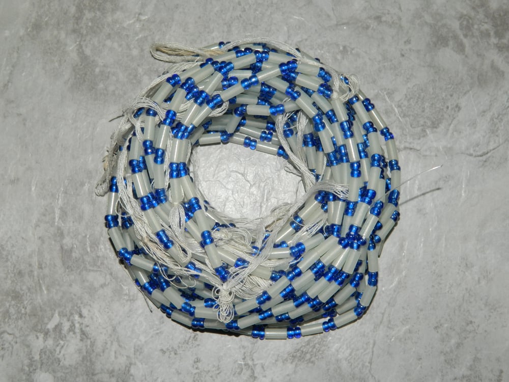 Image of White and Blue Tie Waistbead 
