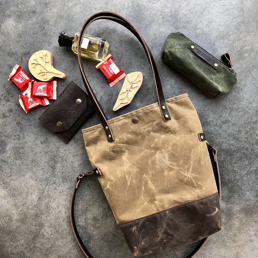 Image of Waxed canvas folded tote bag - simple tote bag - folded tote bag with cross body strap