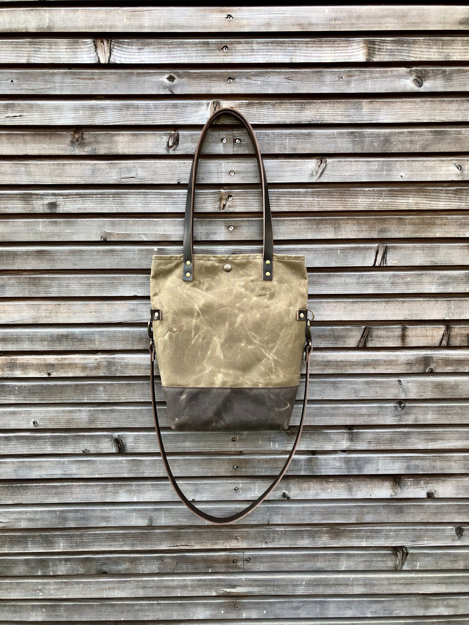 Image of Waxed canvas folded tote bag - simple tote bag - folded tote bag with cross body strap