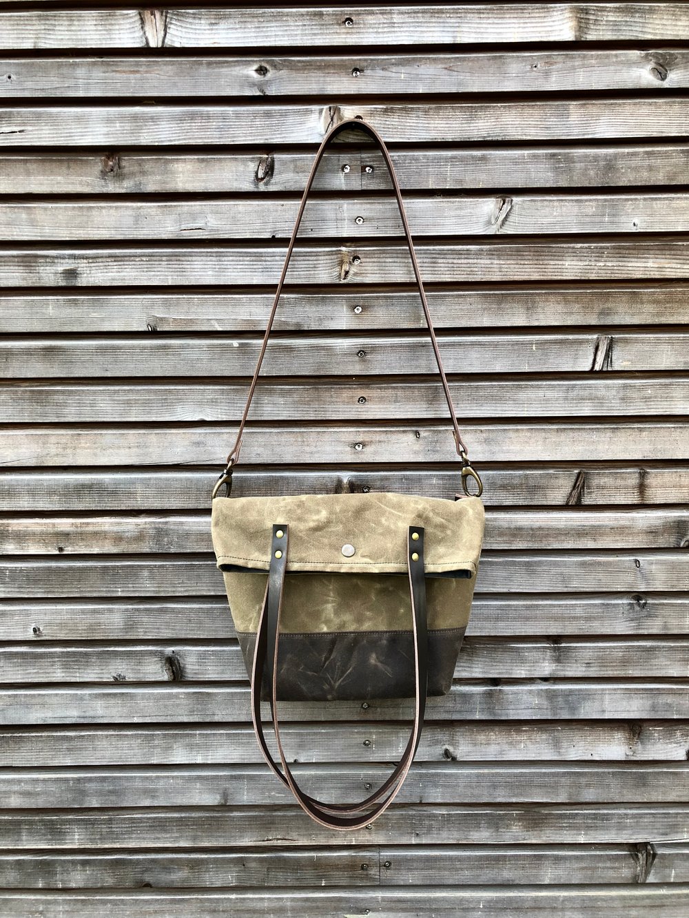 Image of Waxed canvas folded tote bag - simple tote bag - folded tote bag with cross body strap