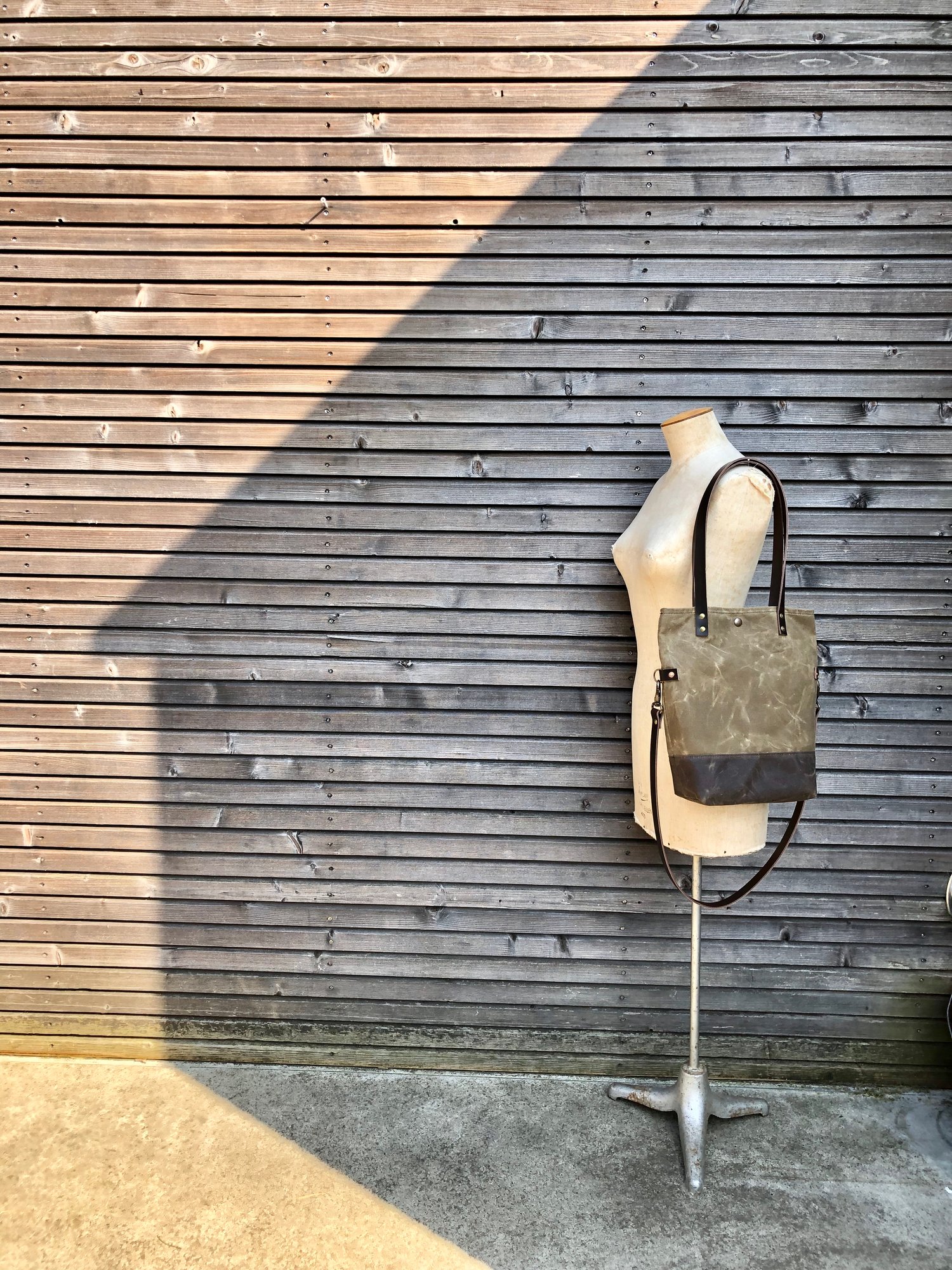 Image of Waxed canvas folded tote bag - simple tote bag - folded tote bag with cross body strap