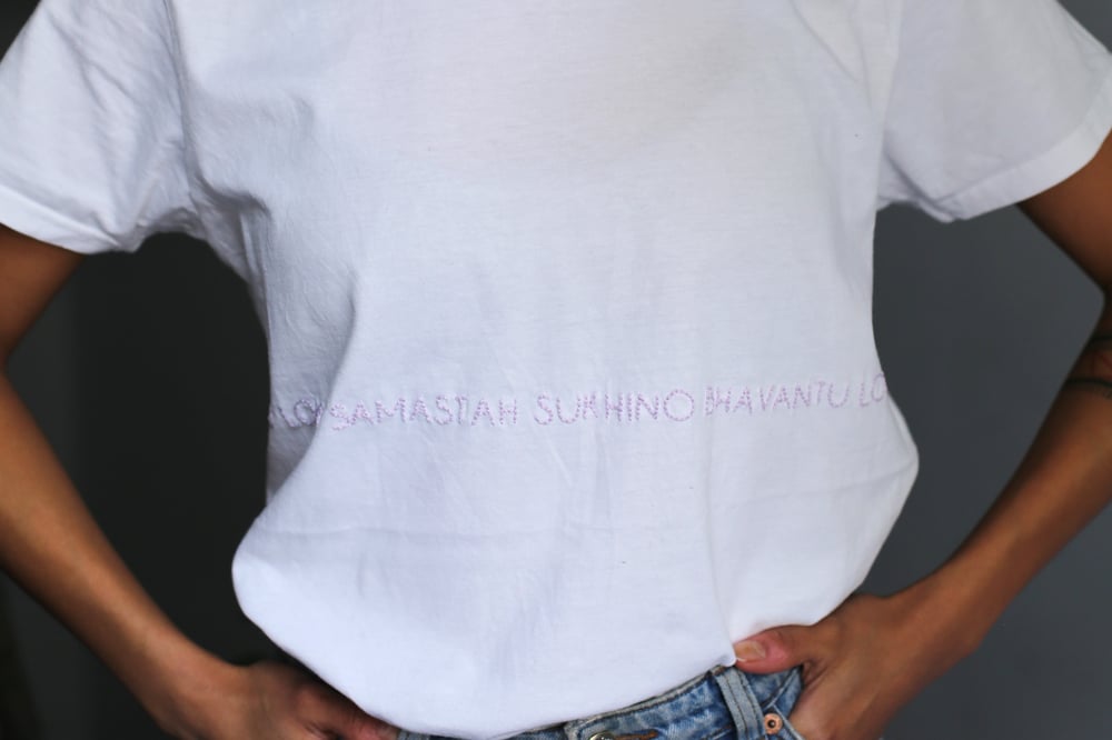 Image of LOKAH SAMASTAH SUKHINO BHAVANTU – wrapped – lilac – white classic t-shirt