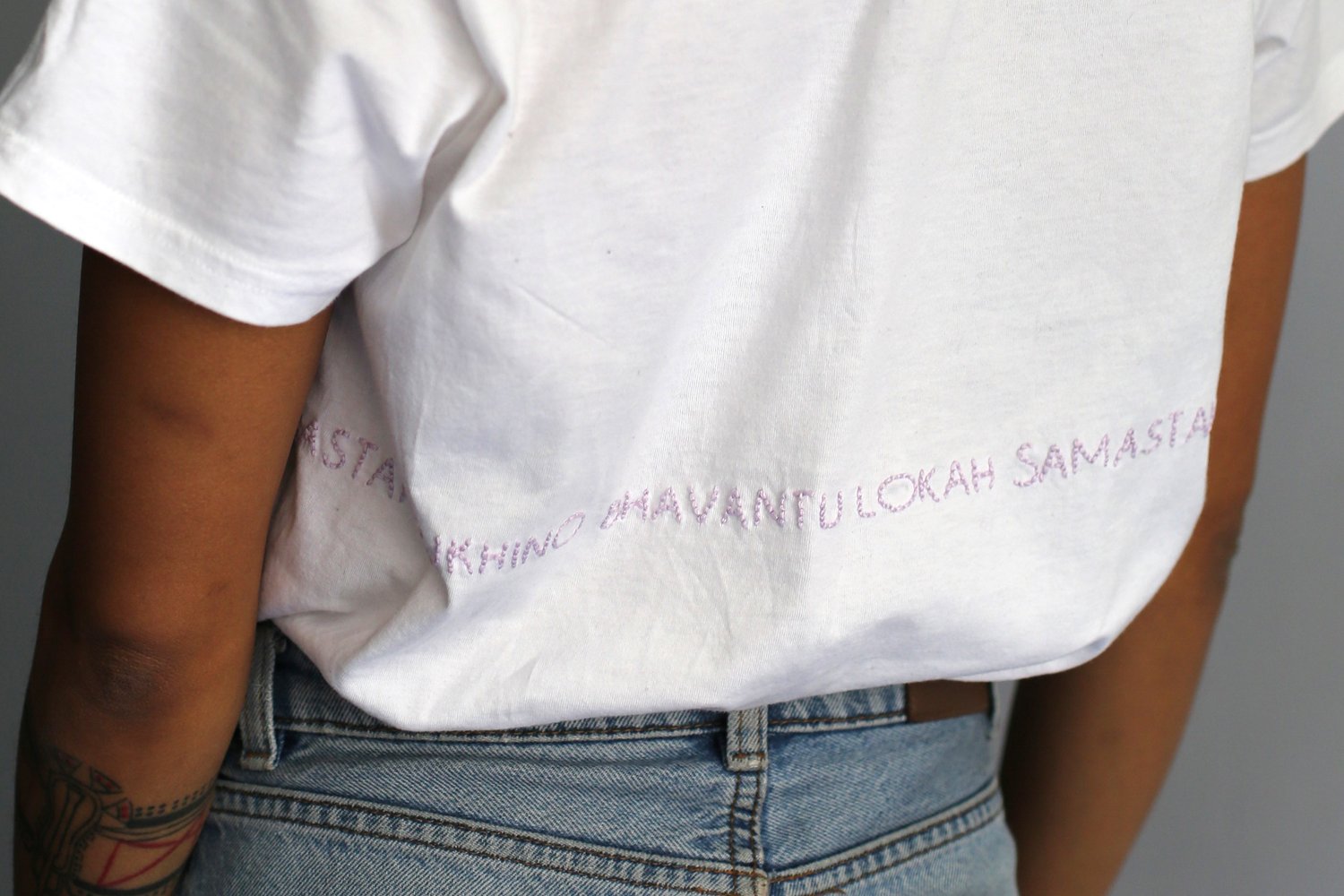 Image of LOKAH SAMASTAH SUKHINO BHAVANTU – wrapped – lilac – white classic t-shirt