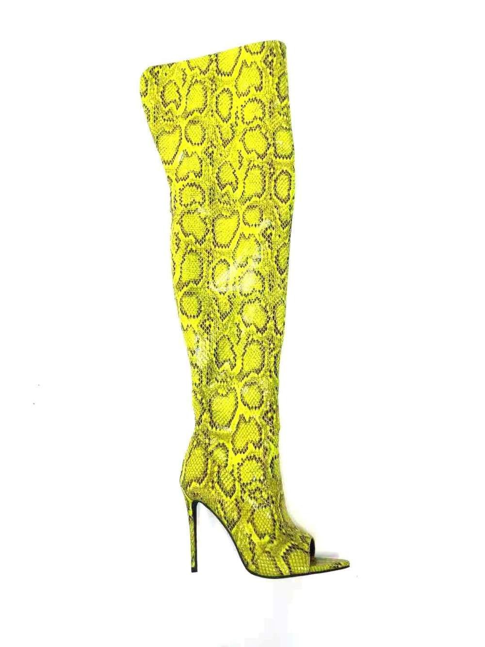 green snakeskin thigh high boots