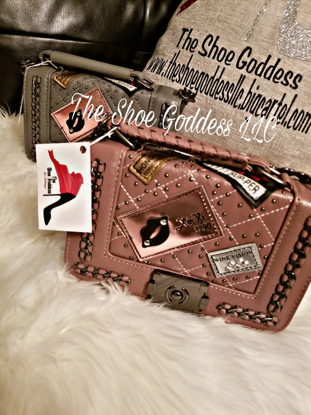 "Kissy" Pink and Gray purse with chain extension 