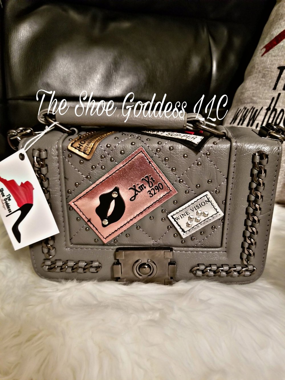 "Kissy" Pink and Gray purse with chain extension 