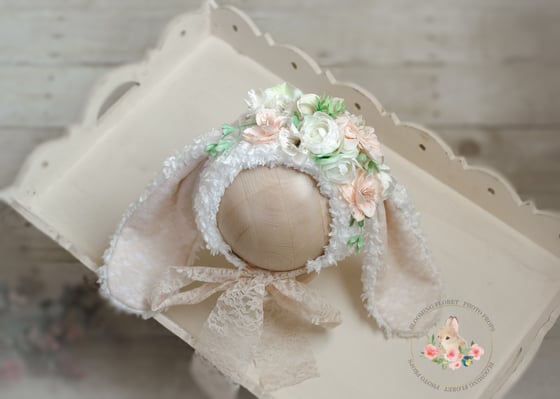 Image of RTS Furry White Floral Bunny Bonnet