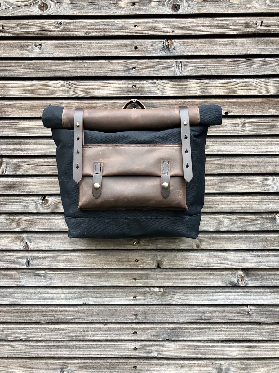 Image of Saddle bag in waxed canvas leather Motorbike bag Motorcycle bag Bicycle bag in waxed canvas and leat