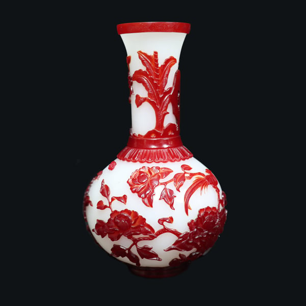 Image of Vintage Chinese Vase: Red Floral & Bird Overlay