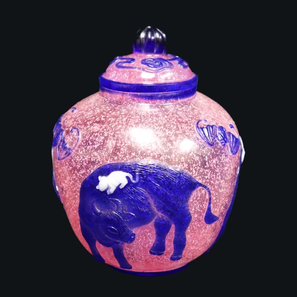 Image of Vintage Chinese Pink Ginger Jar: Blue & White Bull Overlay