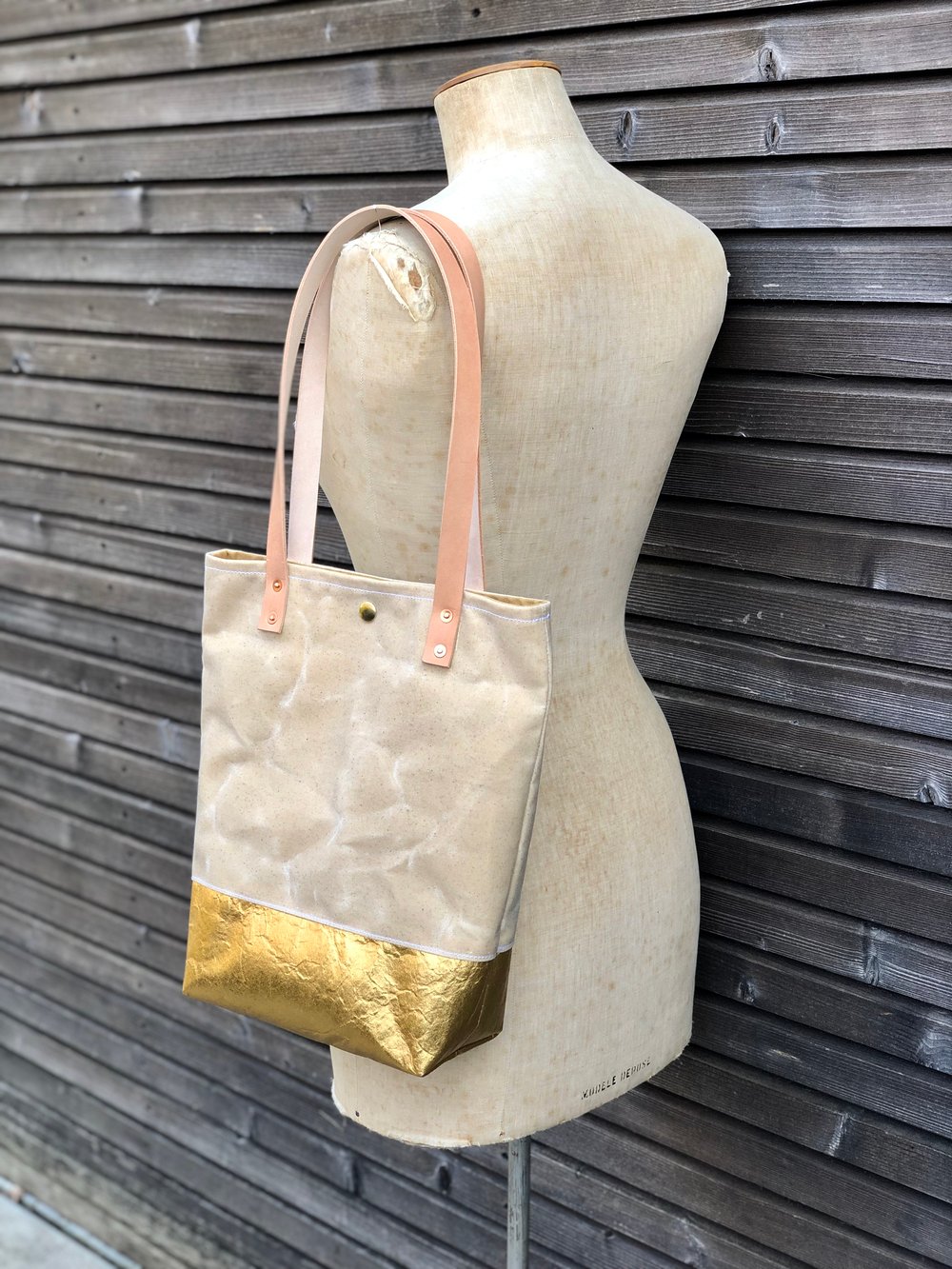 Image of Waxed canvas and Piñatex™ tote bag - eco friendly simple tote bag - tote bag with golden bottom