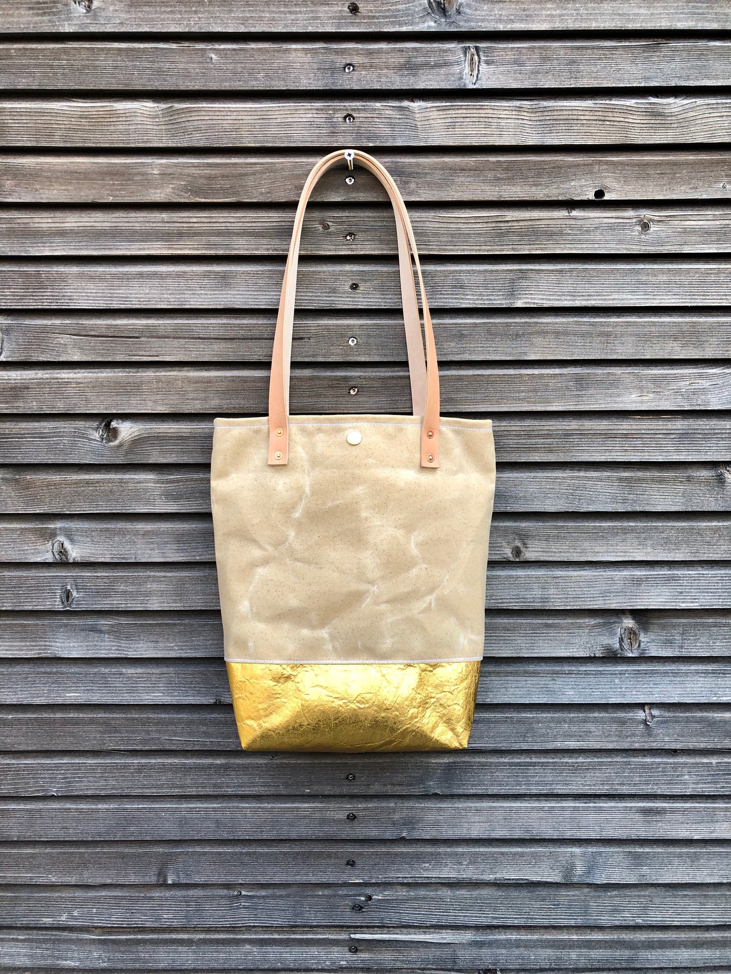 Image of Waxed canvas and Piñatex™ tote bag - eco friendly simple tote bag - tote bag with golden bottom