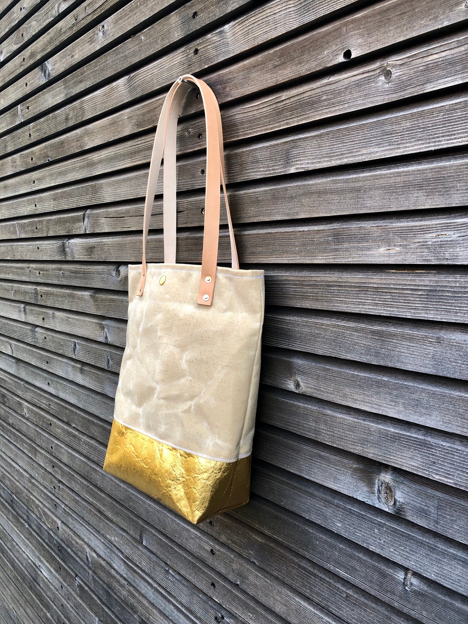 Image of Waxed canvas and Piñatex™ tote bag - eco friendly simple tote bag - tote bag with golden bottom