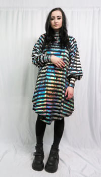 Image 2 of Silver Holographic Stripes on Black Bishop Sleeve Dress