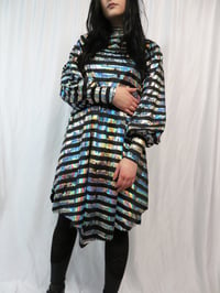 Image 1 of Silver Holographic Stripes on Black Bishop Sleeve Dress