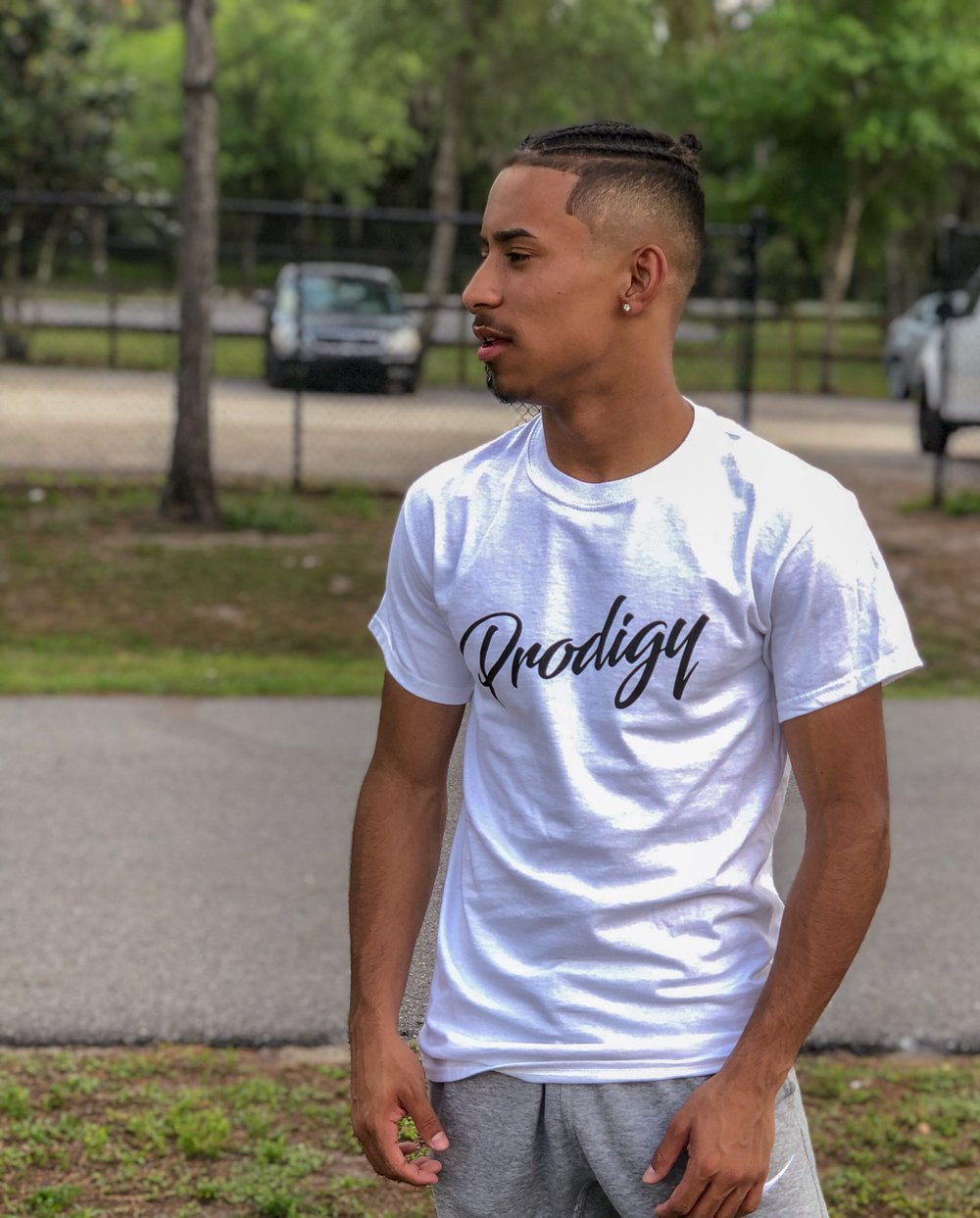 New Prodigy White Script T shirt with black ink